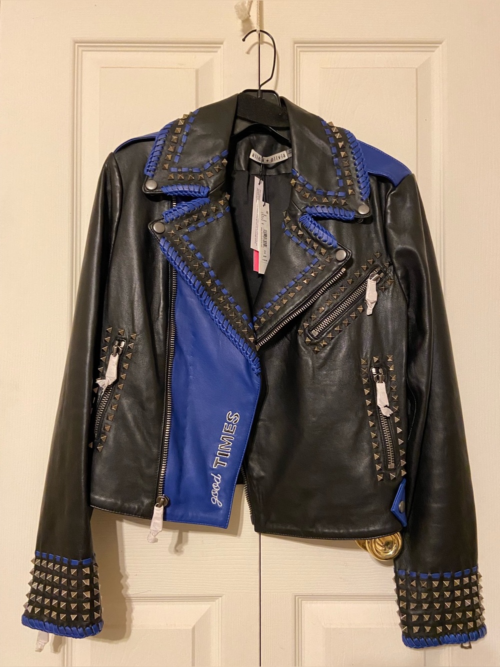Alice + Olivia NWT Black & Royal Blue Studded Leather Moto Jacket Size 8/M